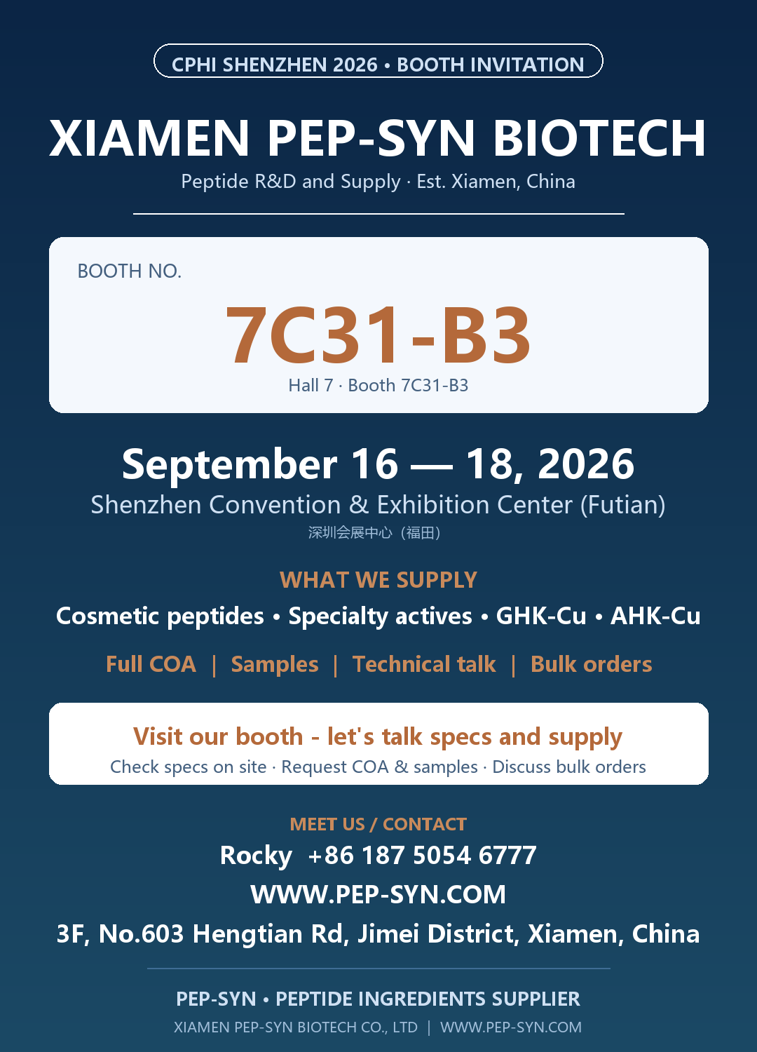 CPHI Shenzhen 2026 booth invitation poster - Xiamen PEP-SYN booth 7C31-B3